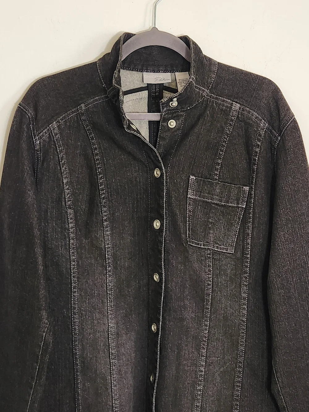 Chico's Black Denim Snap Up Jacket Size 2 Large